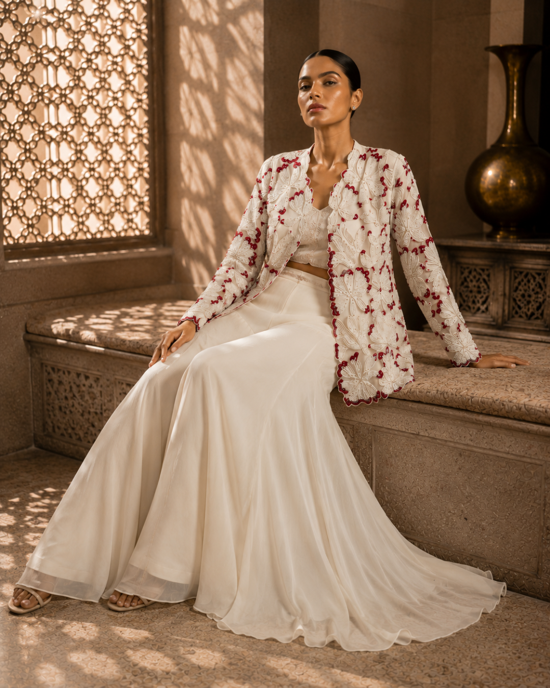 Ivory Bloom Embroidered Georgette Ensemble
