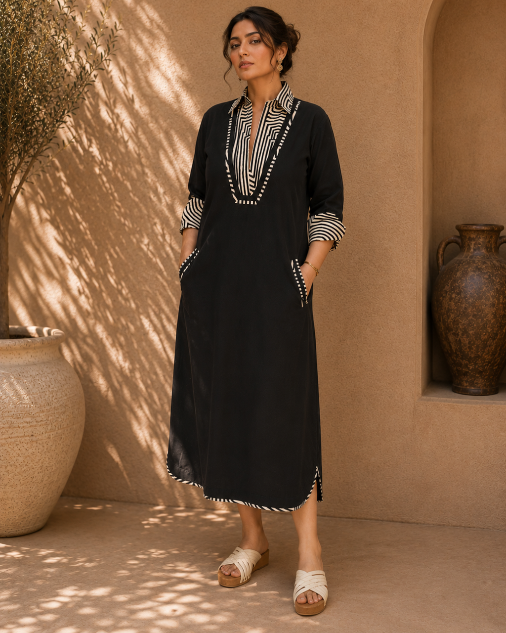 Noir Contrast Linen Dress