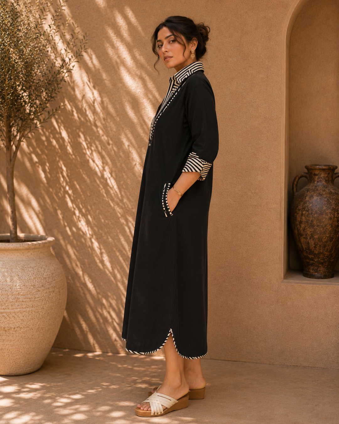 Noir Contrast Linen Dress