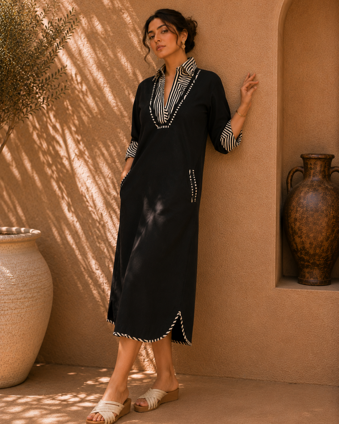 Noir Contrast Linen Dress