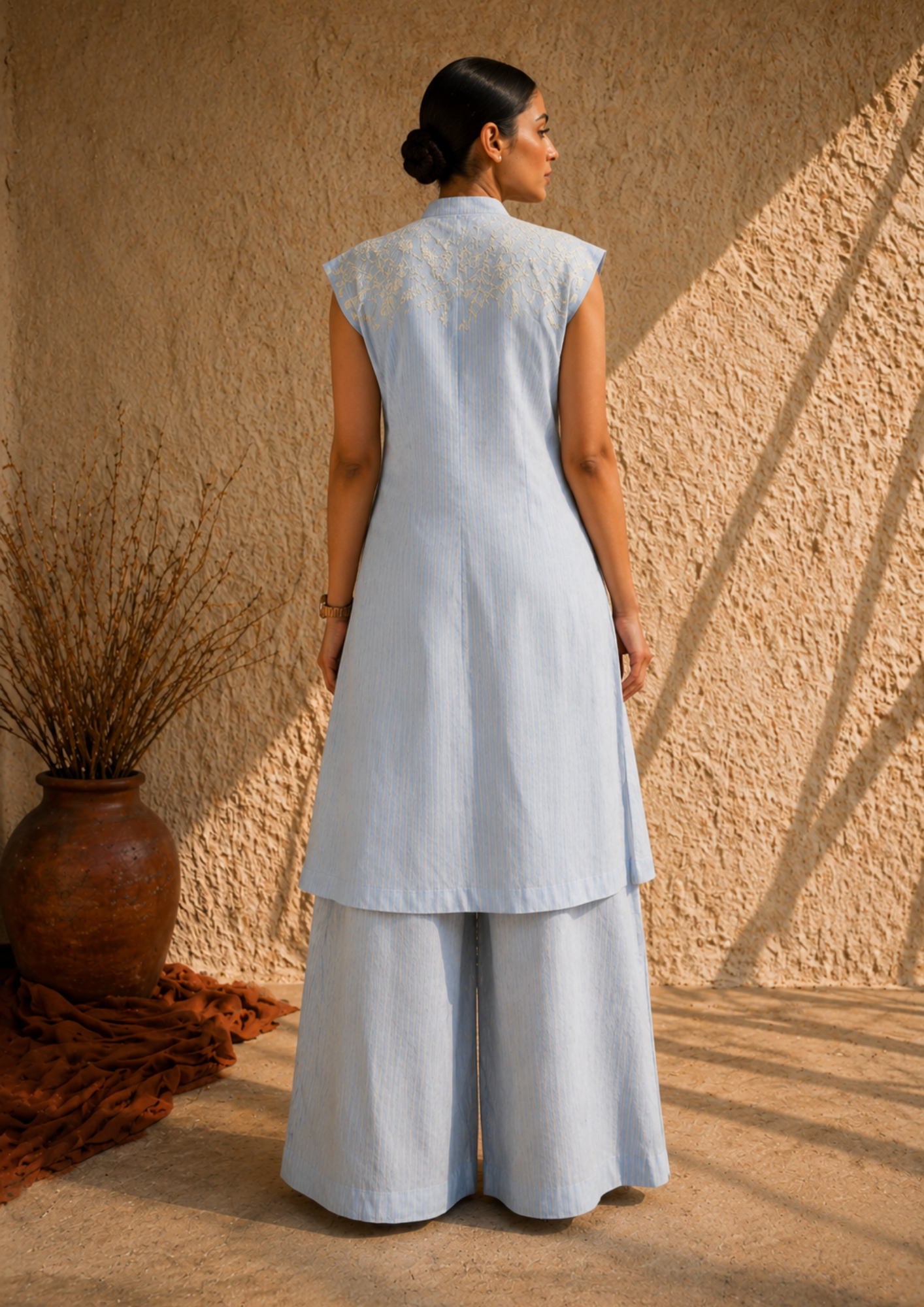 Sky Blue Striped Linen Embroidered Co-Ord Set