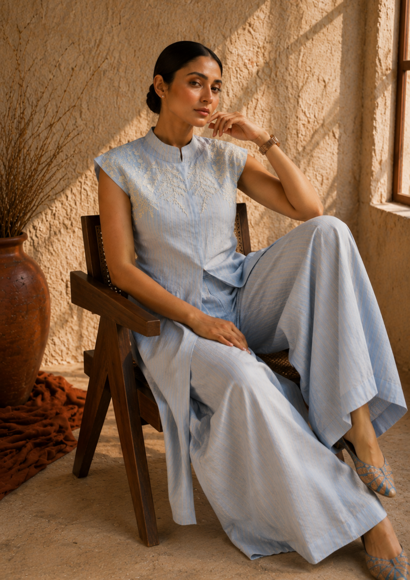 Sky Blue Striped Linen Embroidered Co-Ord Set