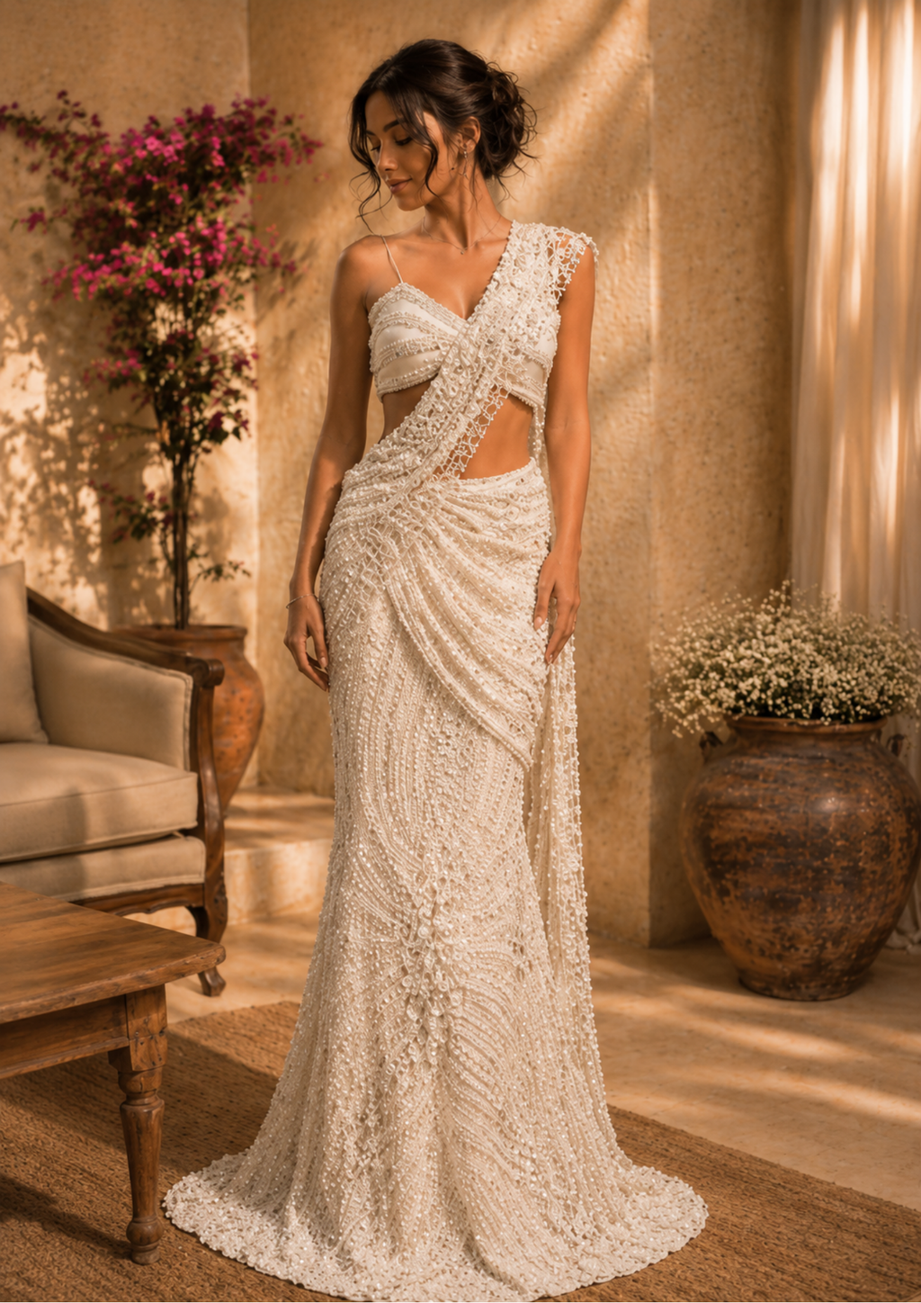 Ivory Celeste Embroidered Net Saree