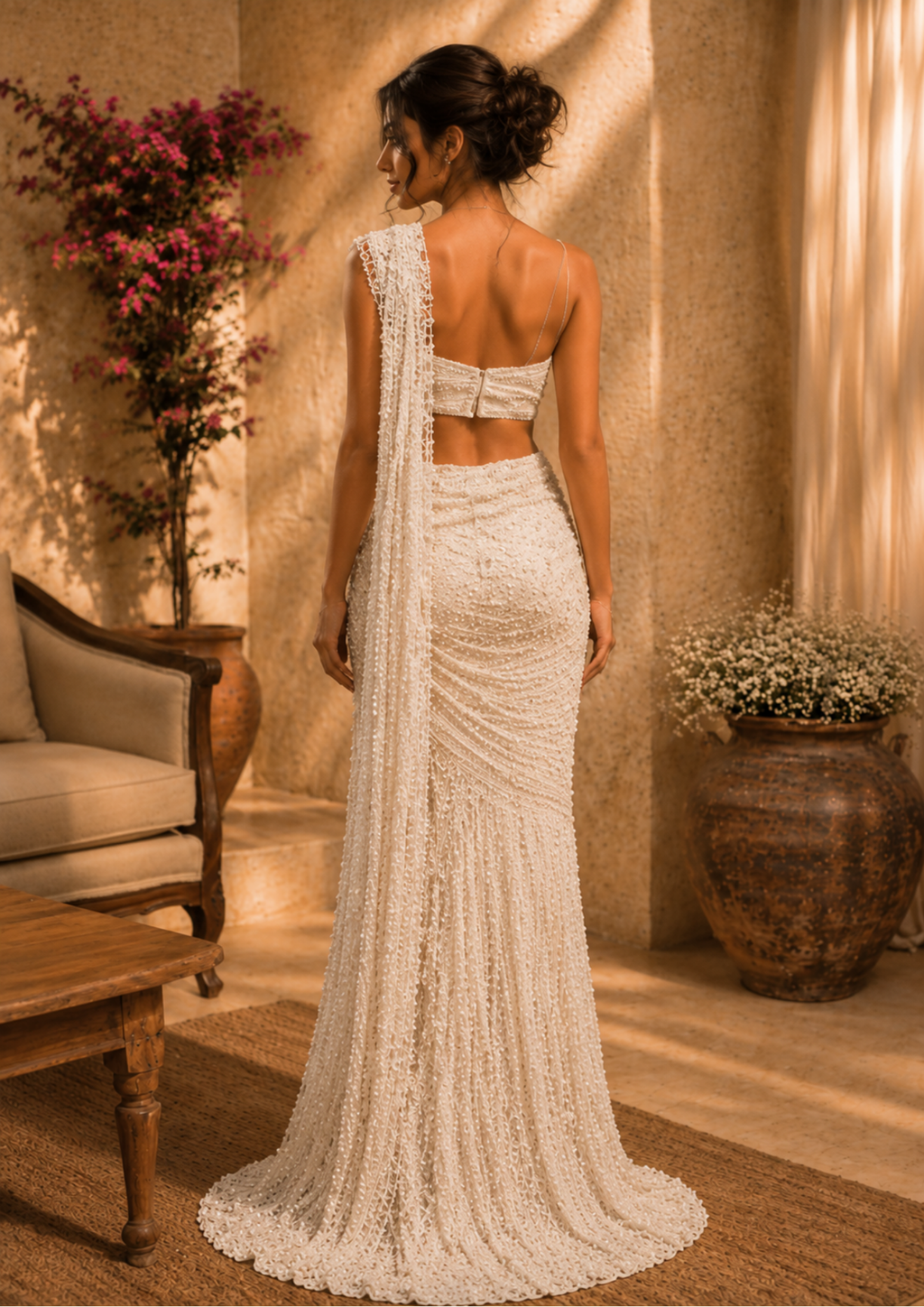 Ivory Celeste Embroidered Net Saree