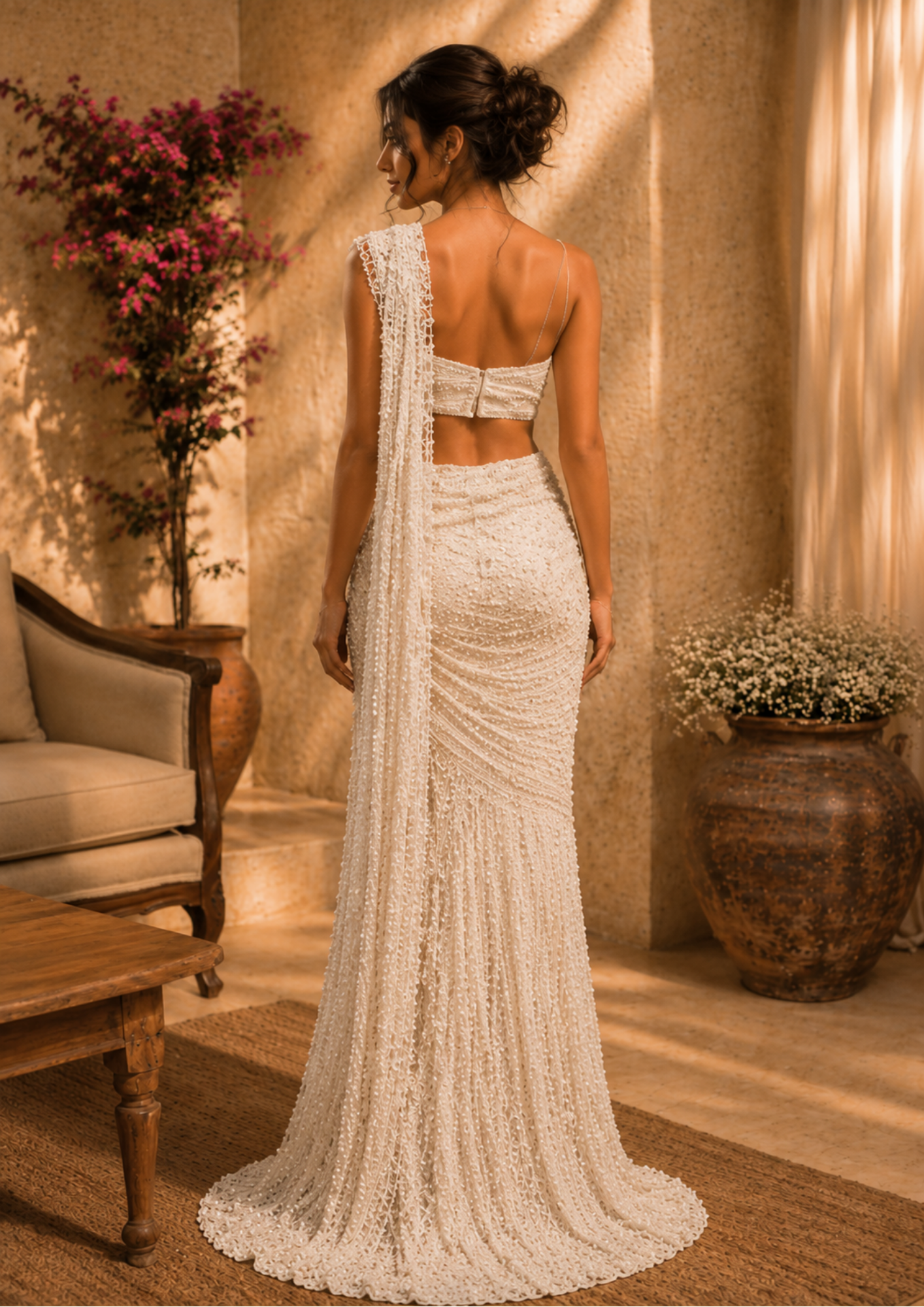 Ivory Celeste Embroidered Net Saree
