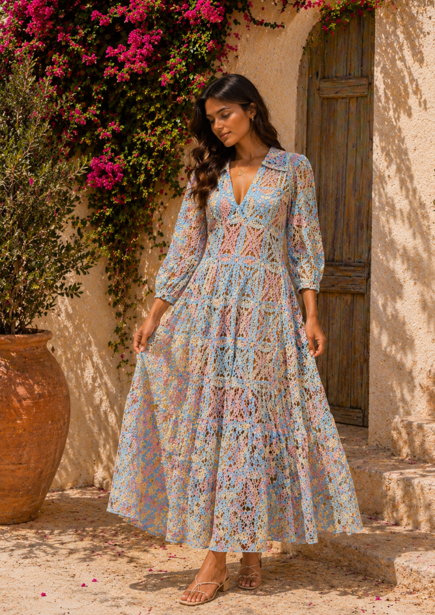 Azure Bloom Cutwork Maxi Dress