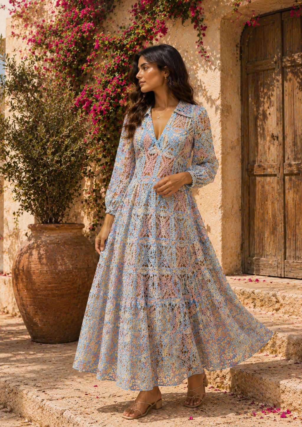 Azure Bloom Cutwork Maxi Dress