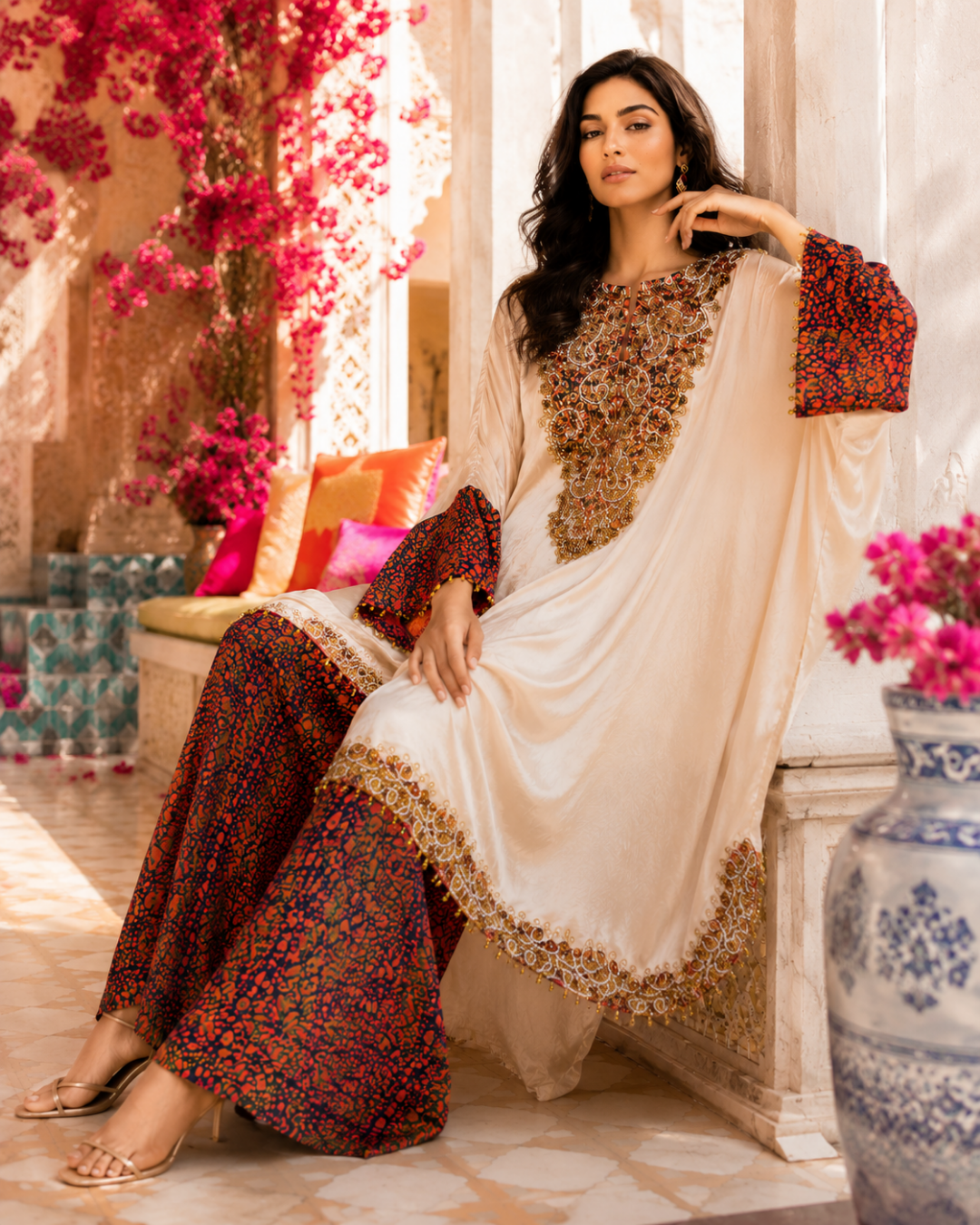 Ivory Majesty Embellished Crepe Kaftan