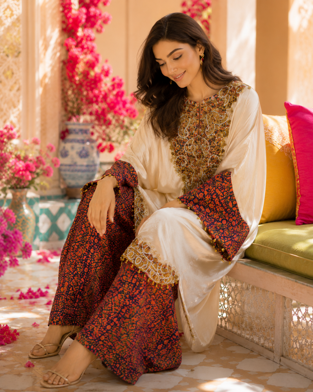 Ivory Majesty Embellished Crepe Kaftan