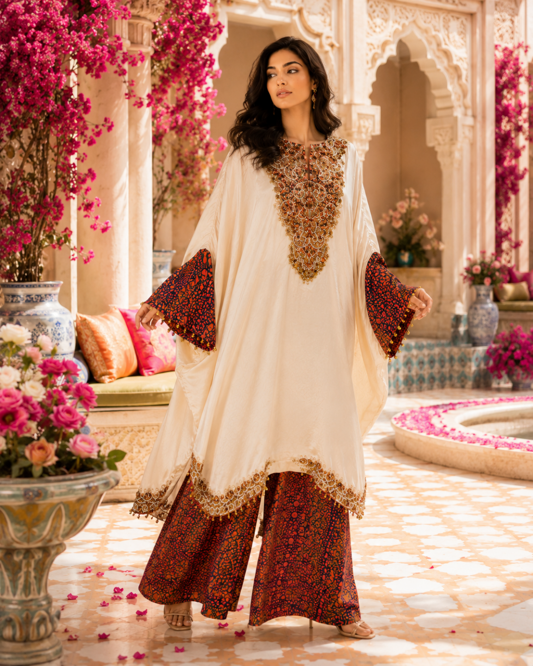 Ivory Majesty Embellished Crepe Kaftan