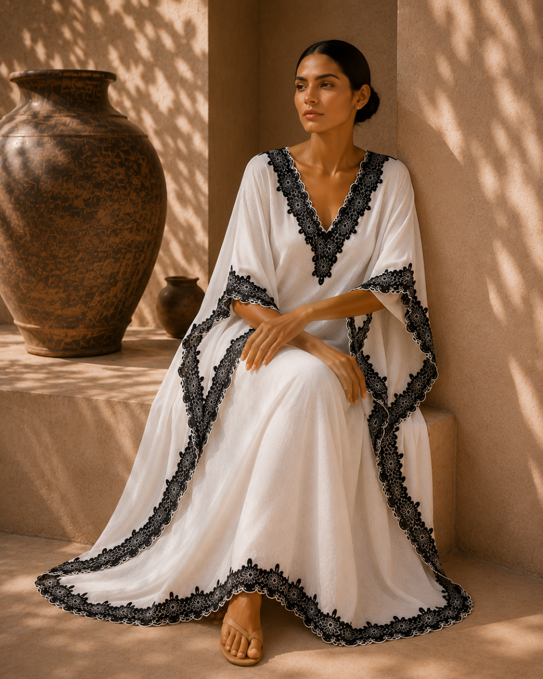 Ivory Noir Linen Kaftan