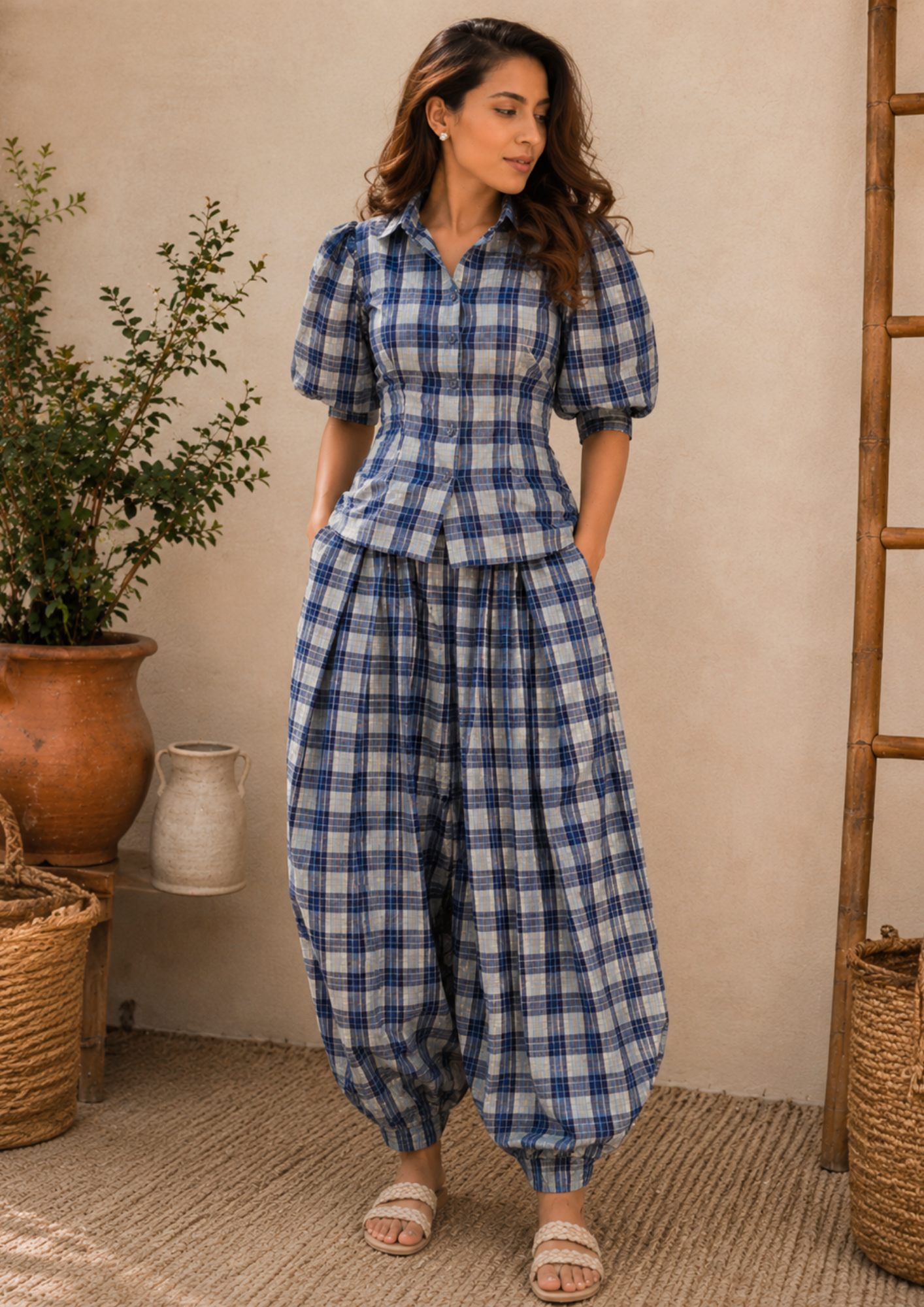 Azure Plaid Cotton Co-Ord Set