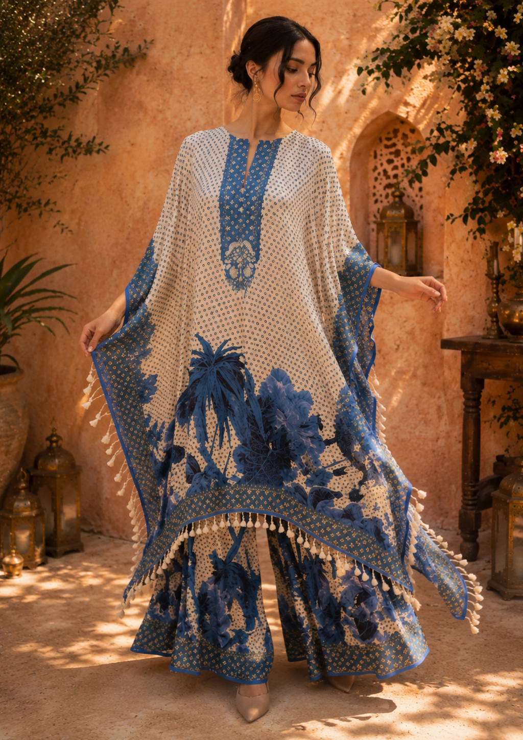 Azure Bloom Muslin Kaftan Set