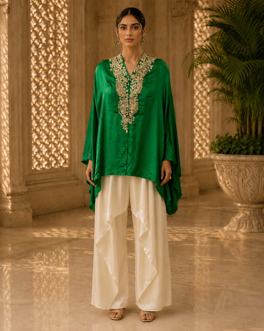 Emerald Luxe Embroidered Kaftan Set