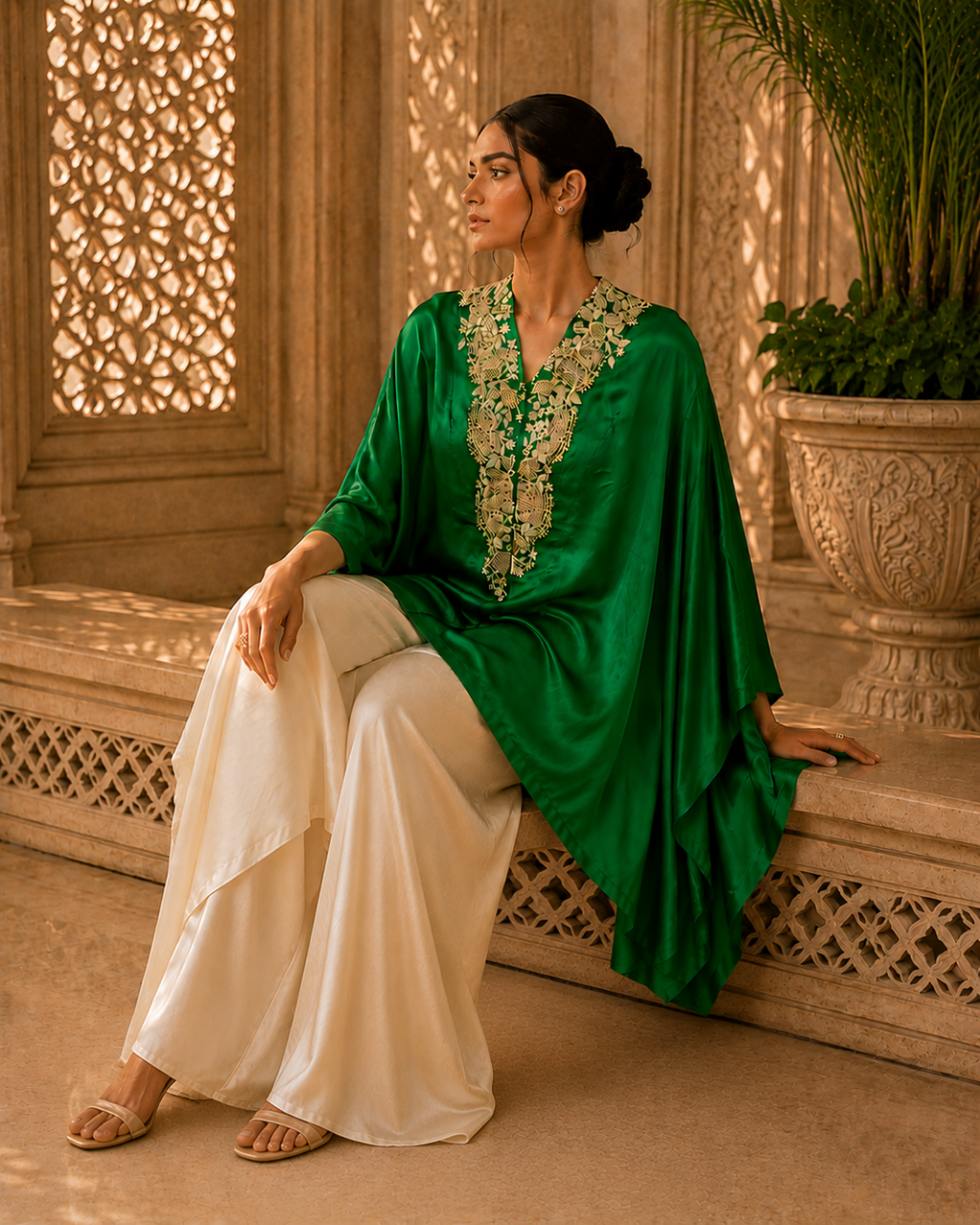 Emerald Luxe Embroidered Kaftan Set
