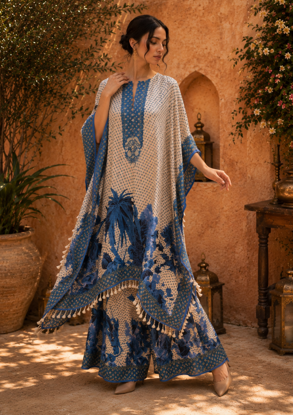 Azure Bloom Muslin Kaftan Set