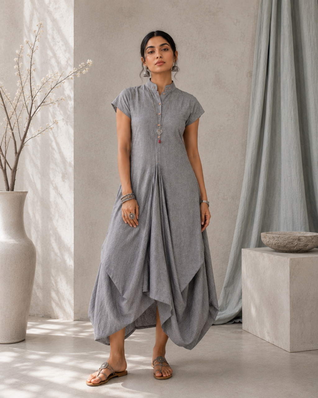 Silver Mist Draped Khadi Dress