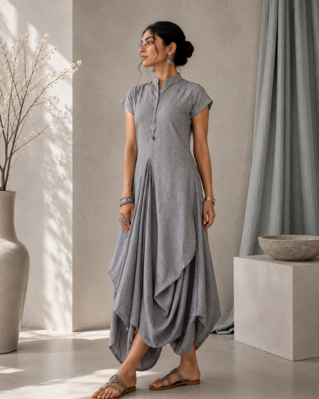 Silver Mist Draped Khadi Dress