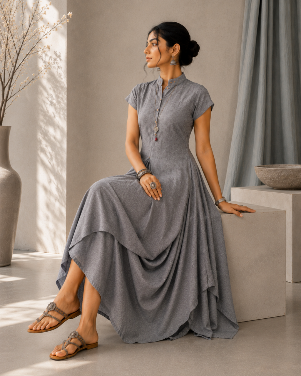 Silver Mist Draped Khadi Dress