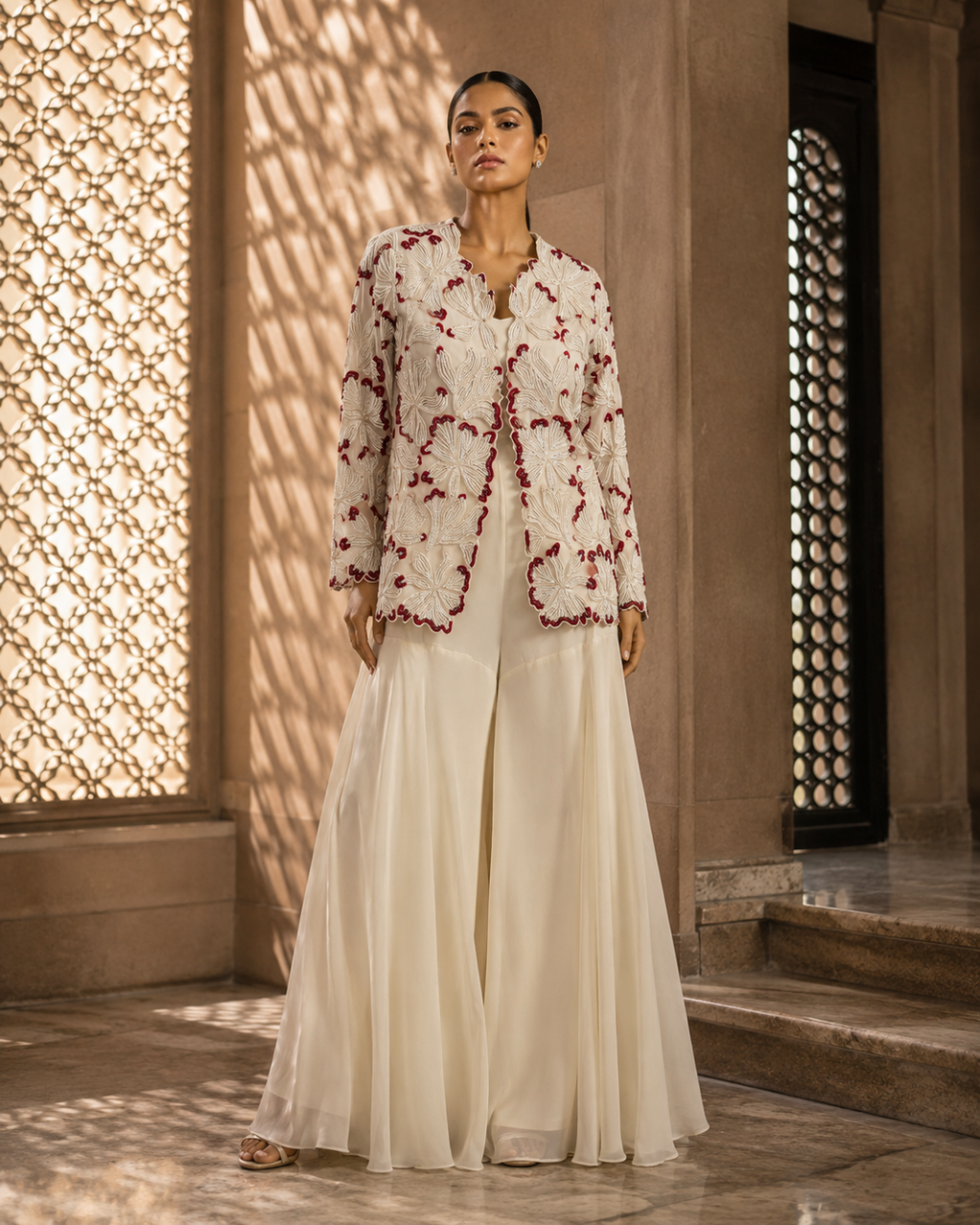 Ivory Bloom Embroidered Georgette Ensemble
