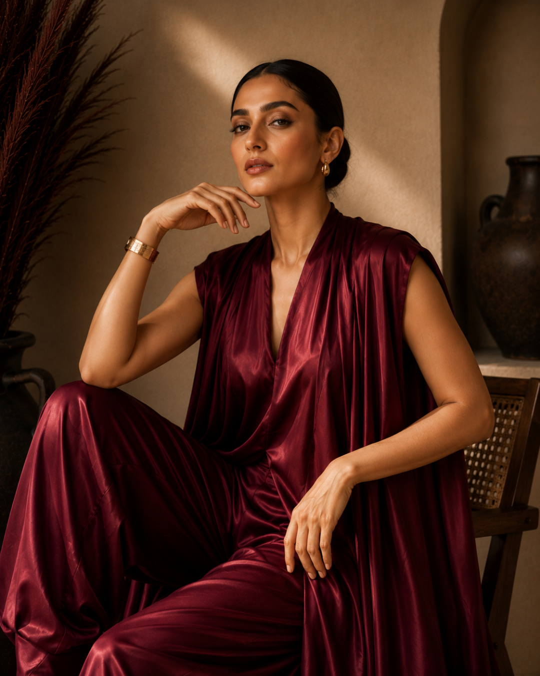 Bordeaux Drape Armani Satin Jumpsuit