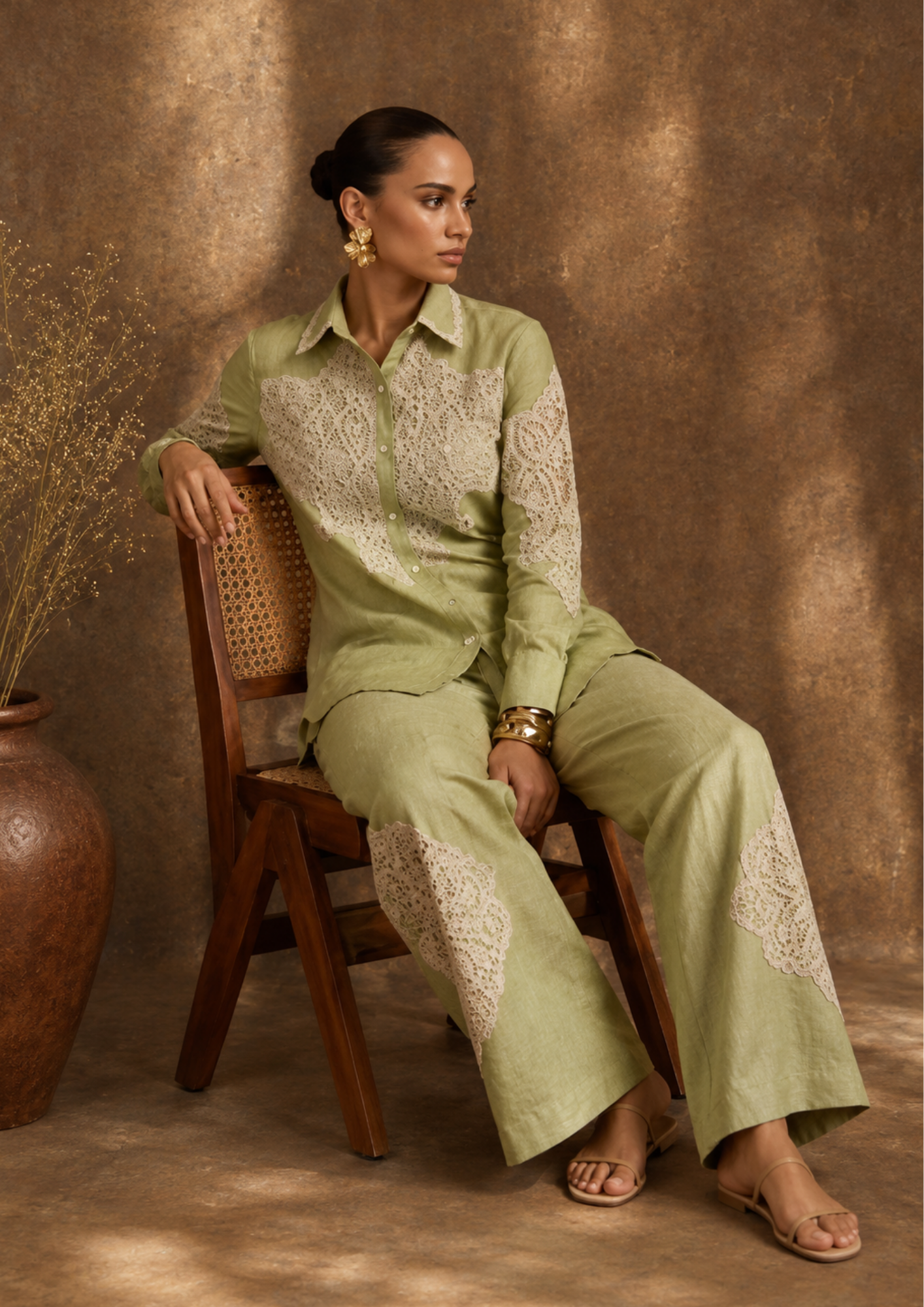 Sage Lace Cotton Linen Co-Ord Set