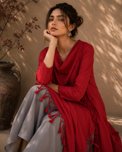 Crimson Drape Tassel Dress Set