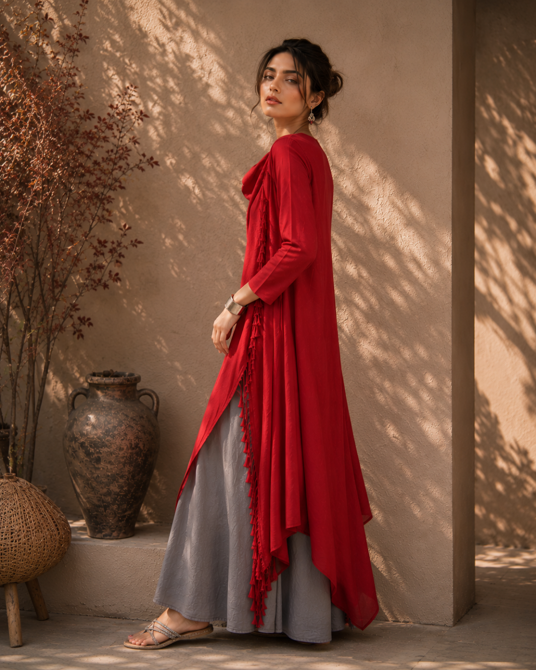 Crimson Drape Tassel Dress Set