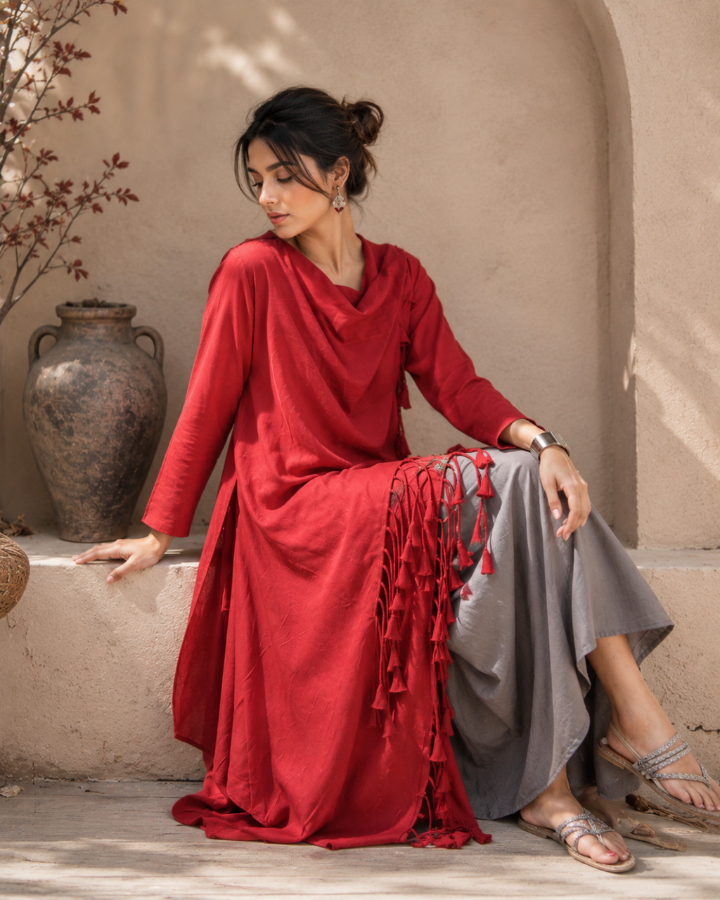 Crimson Drape Tassel Dress Set