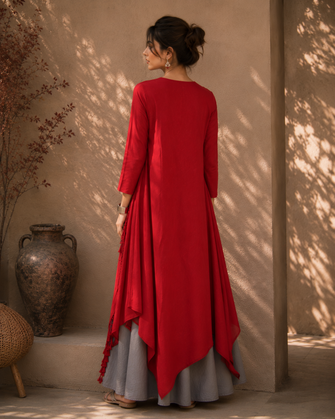Crimson Drape Tassel Dress Set
