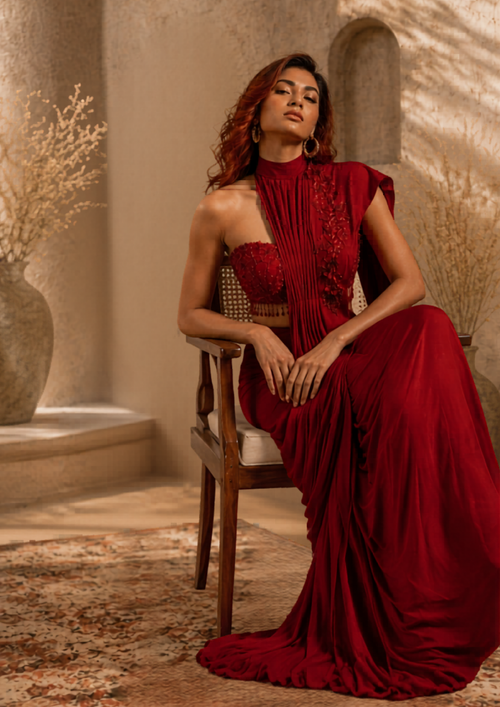 Crimson Royale Hand-Embroidered Saree
