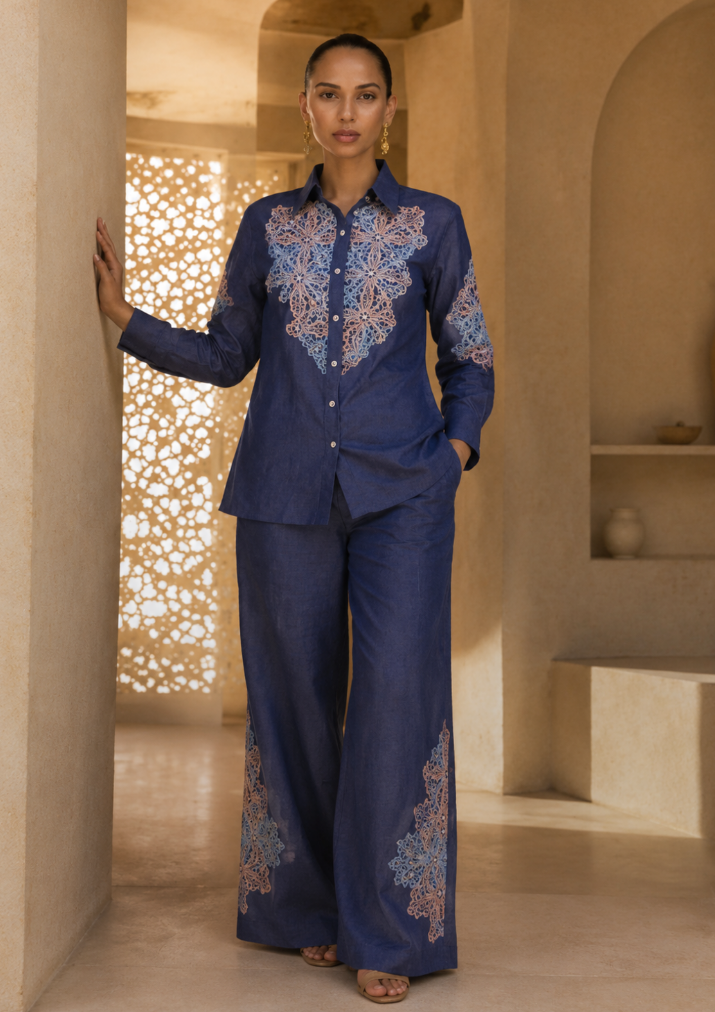 Midnight Blue Embroidered Denim Co-Ord Set