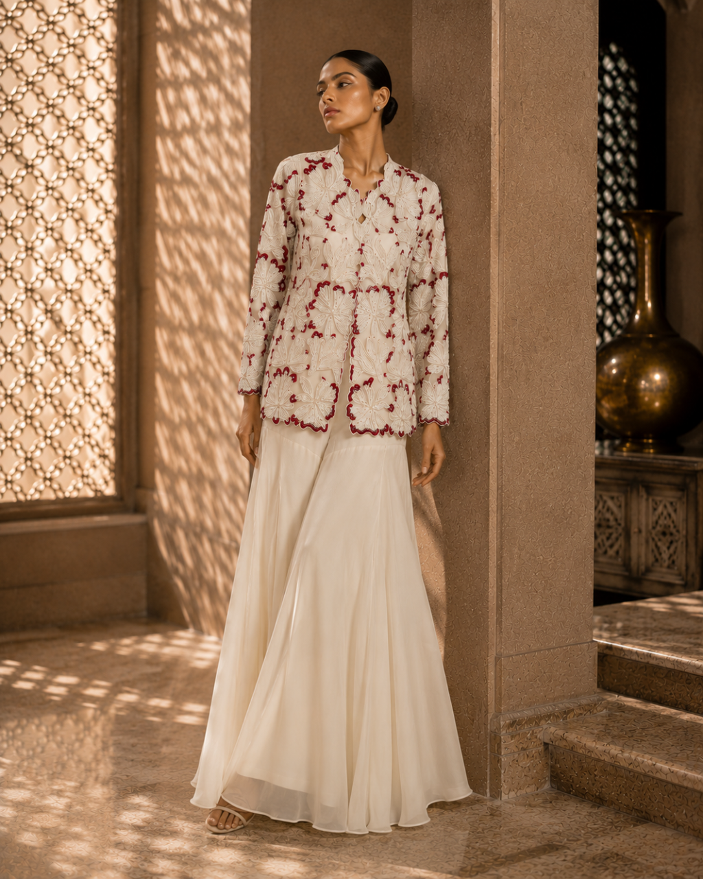 Ivory Bloom Embroidered Georgette Ensemble