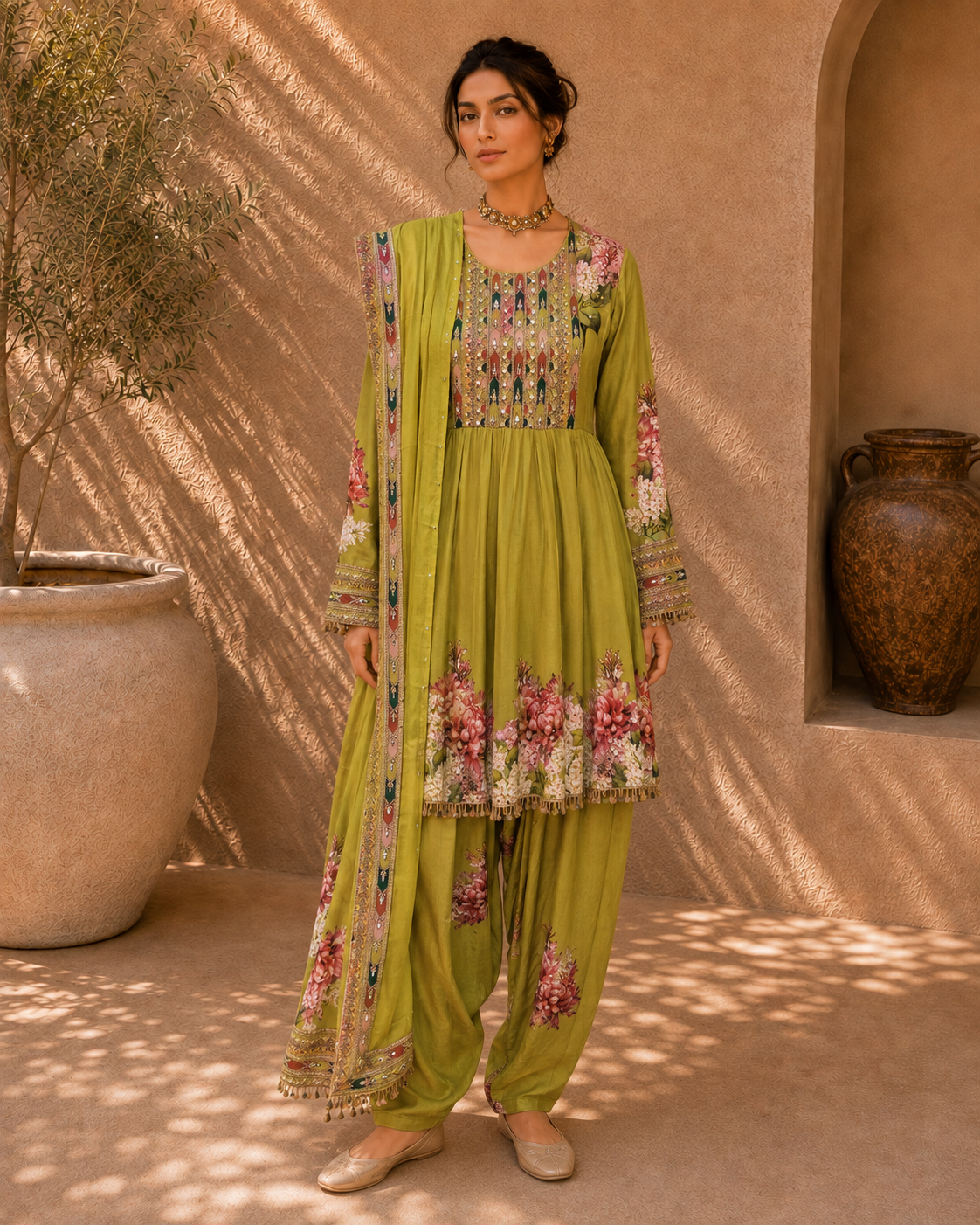 Olive Rose Floral Dhoti Suit