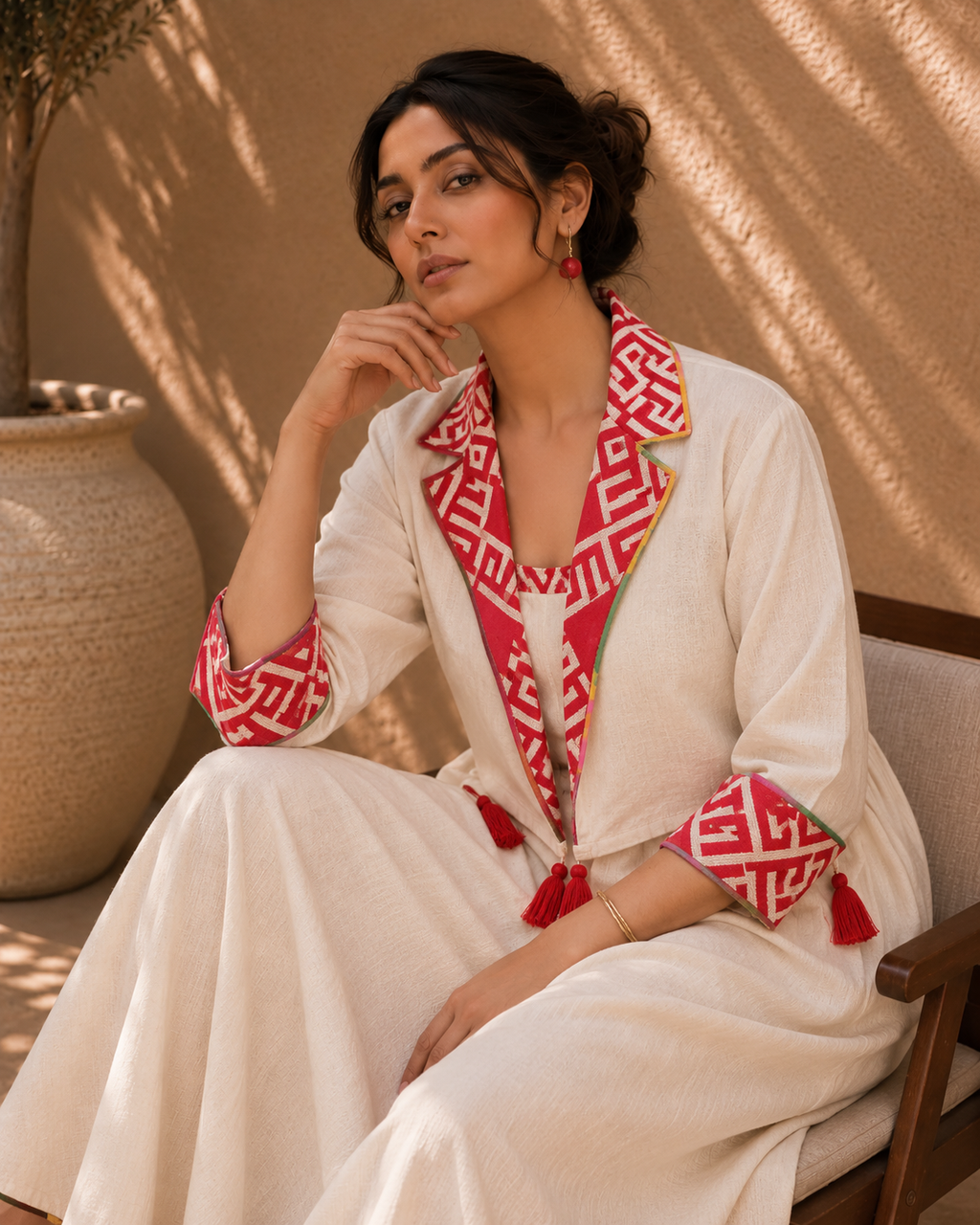 Ivory Red Printed Kaftan Dress