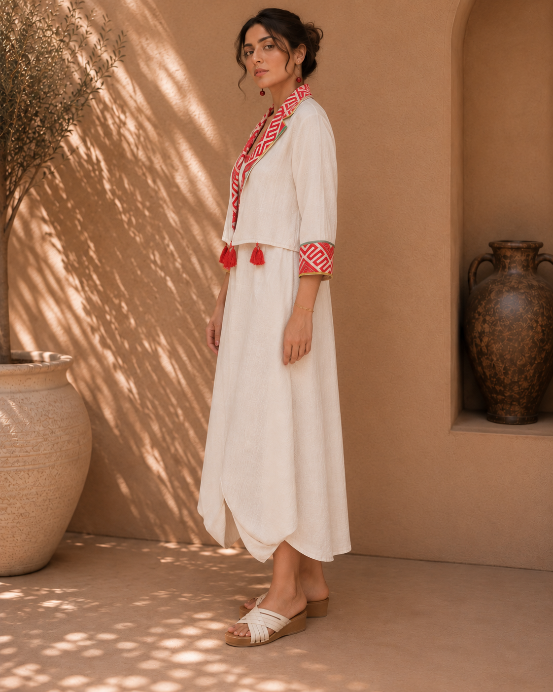 Ivory Red Printed Kaftan Dress