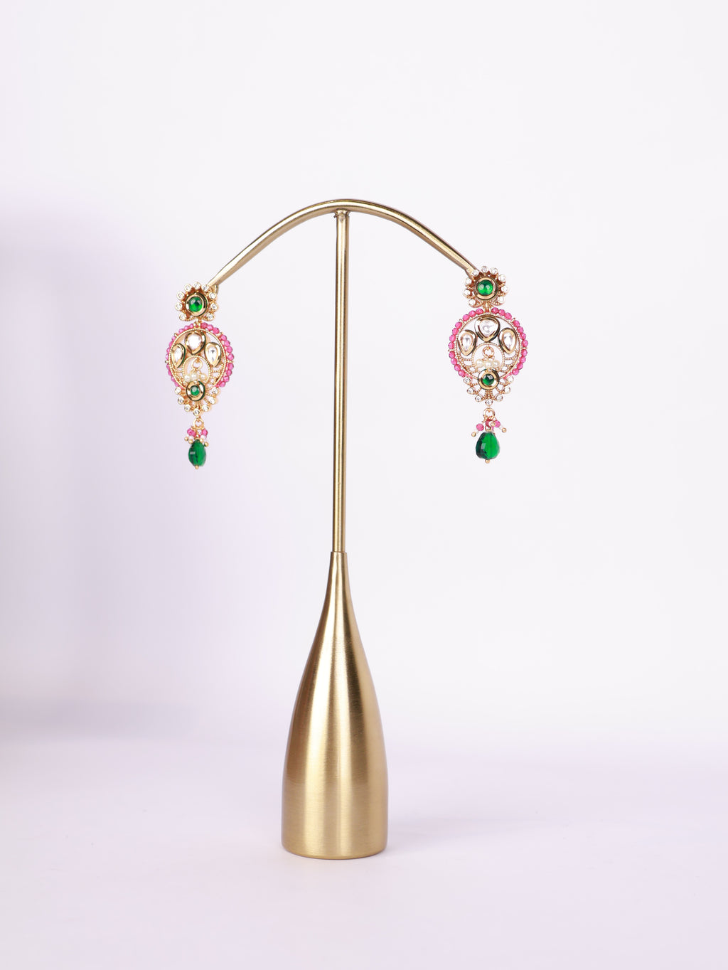 Royal Emerald & Pink Bead Kundan Drop Earrings
