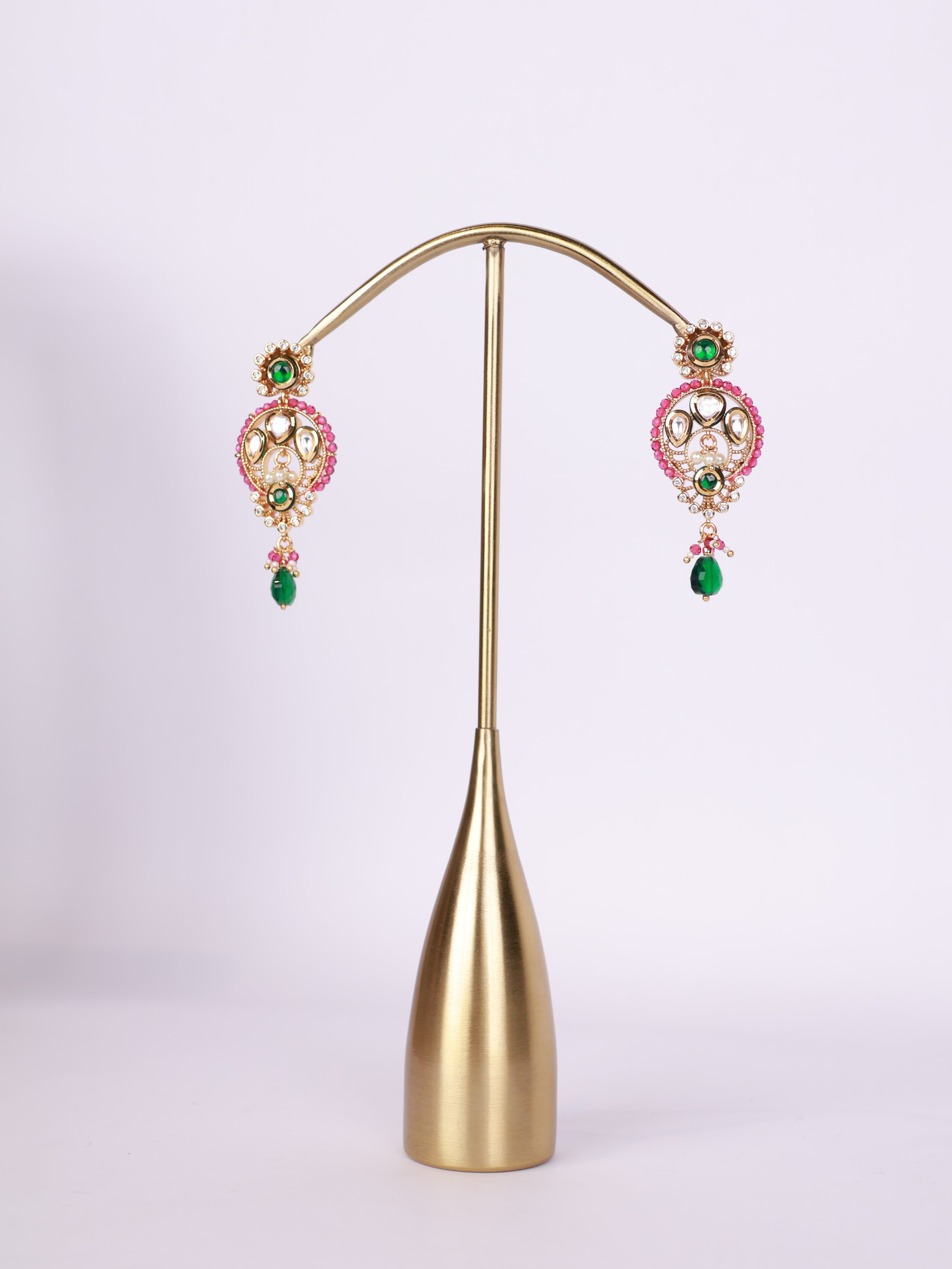 Royal Emerald & Pink Bead Kundan Drop Earrings