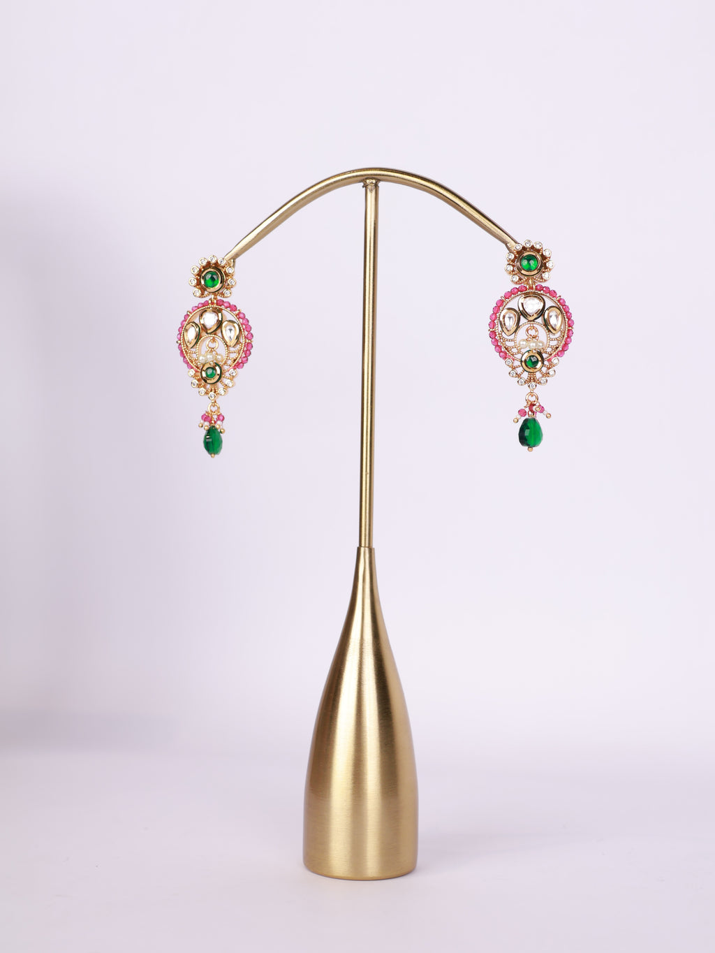 Royal Emerald & Pink Bead Kundan Drop Earrings