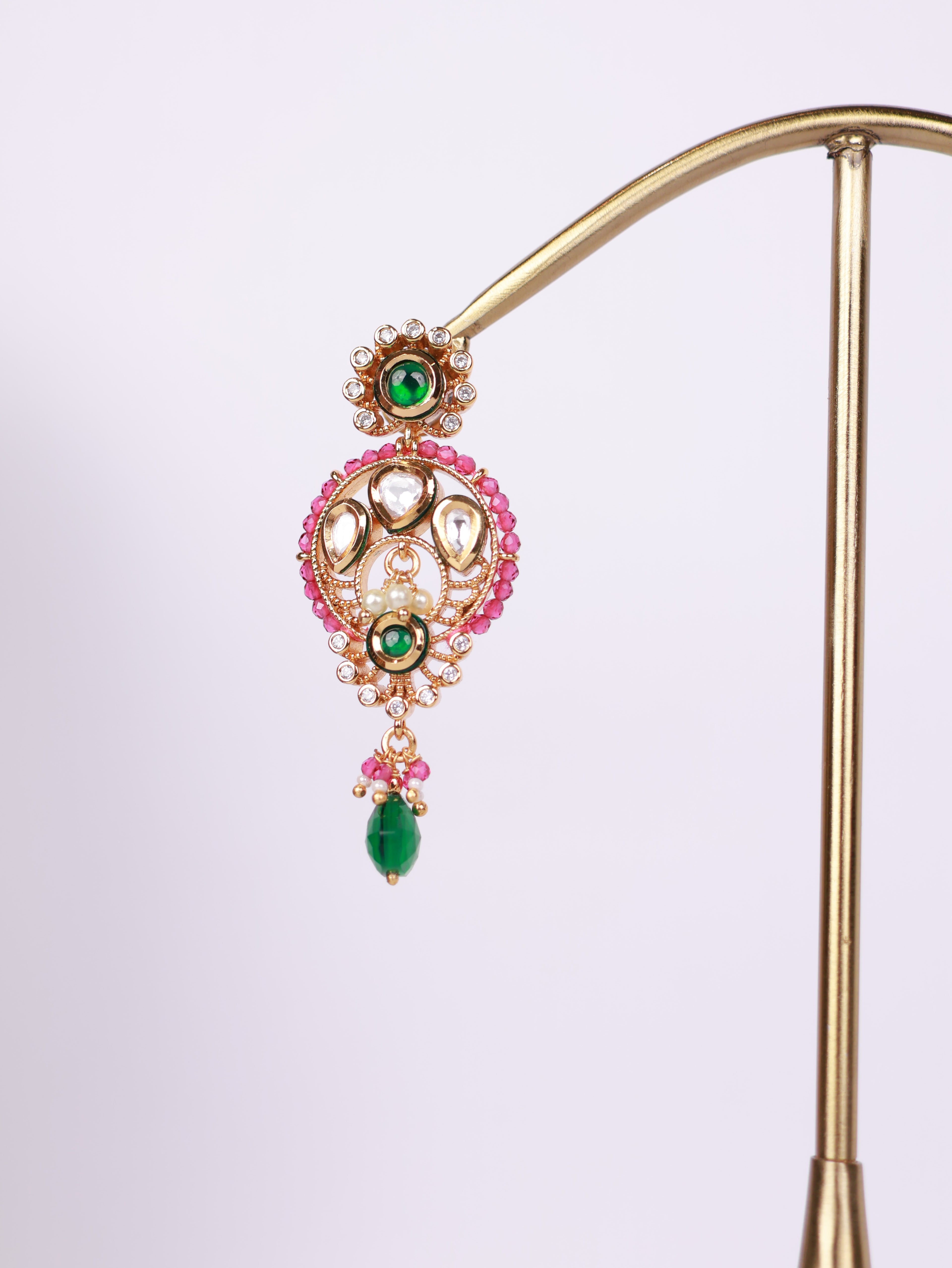 Royal Emerald & Pink Bead Kundan Drop Earrings