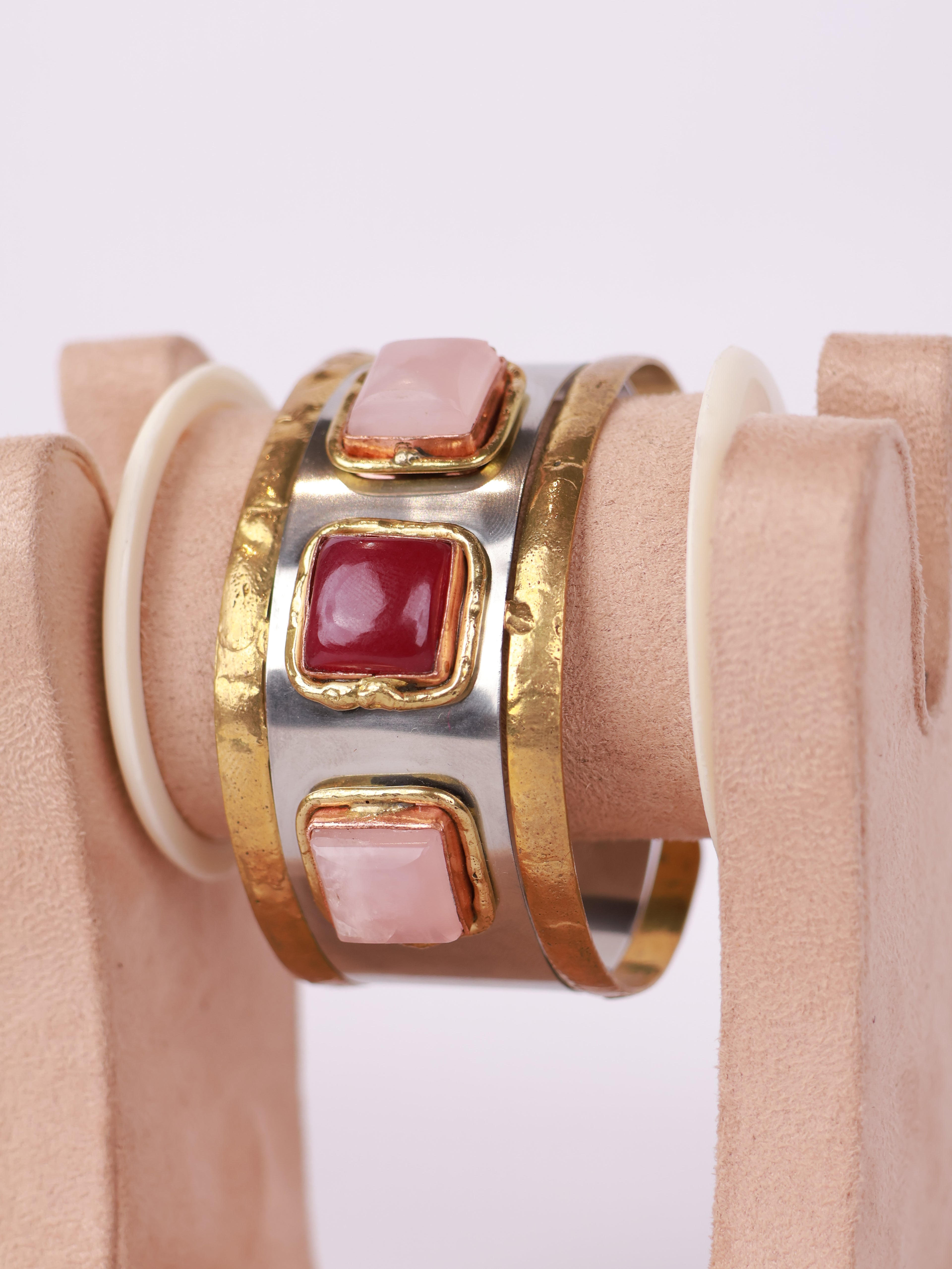 Artisan Two-Tone Gemstone Hammered Cuff