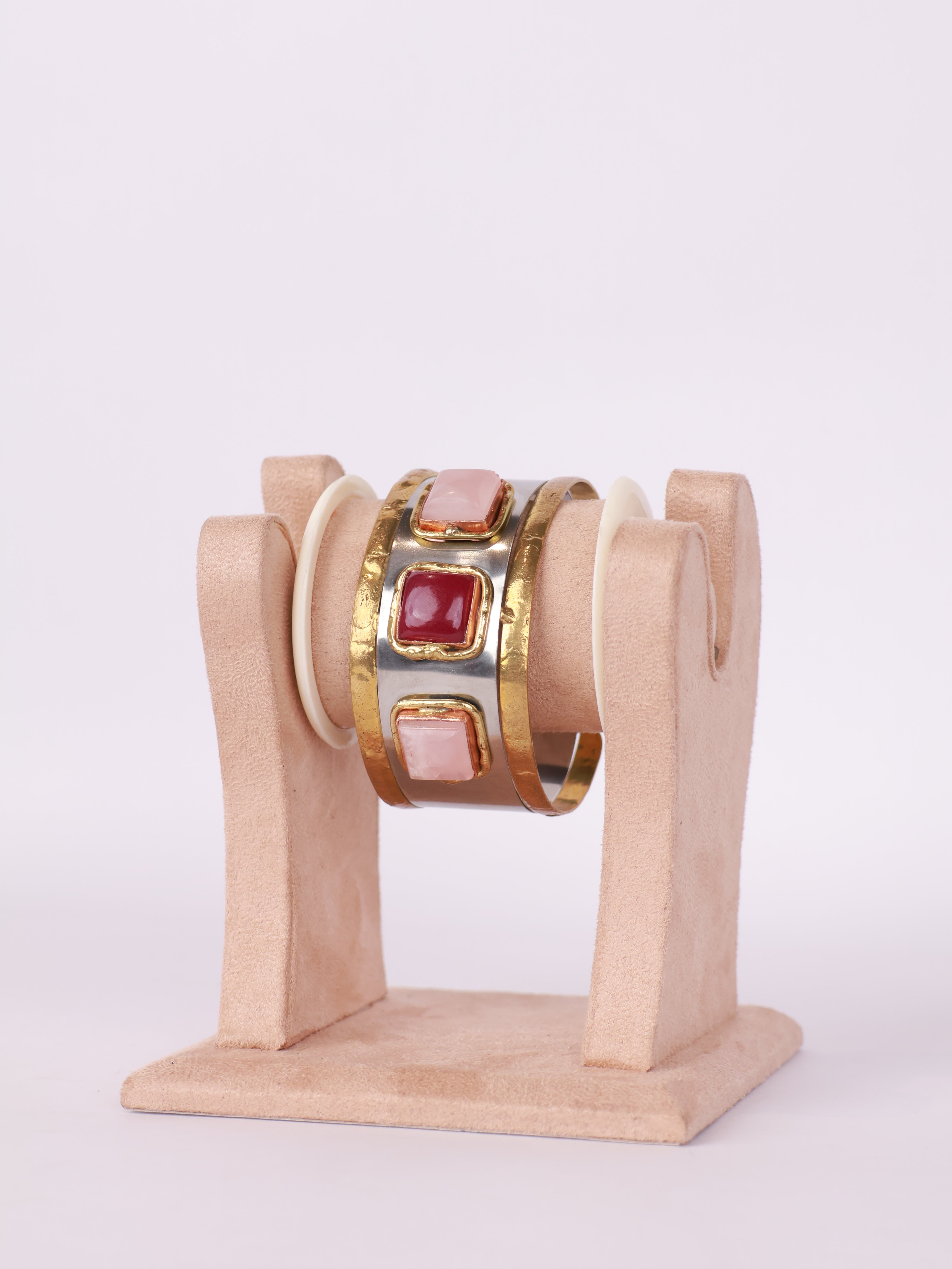 Artisan Two-Tone Gemstone Hammered Cuff