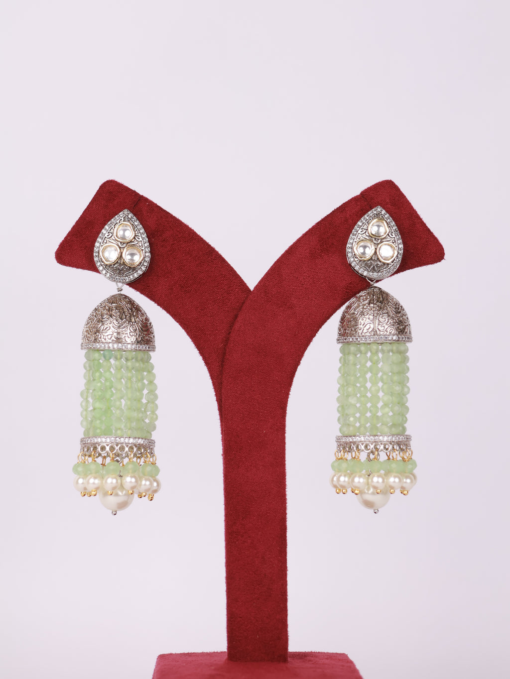 Mint Jade & Dual-Tone Kundan Jhumka Earrings