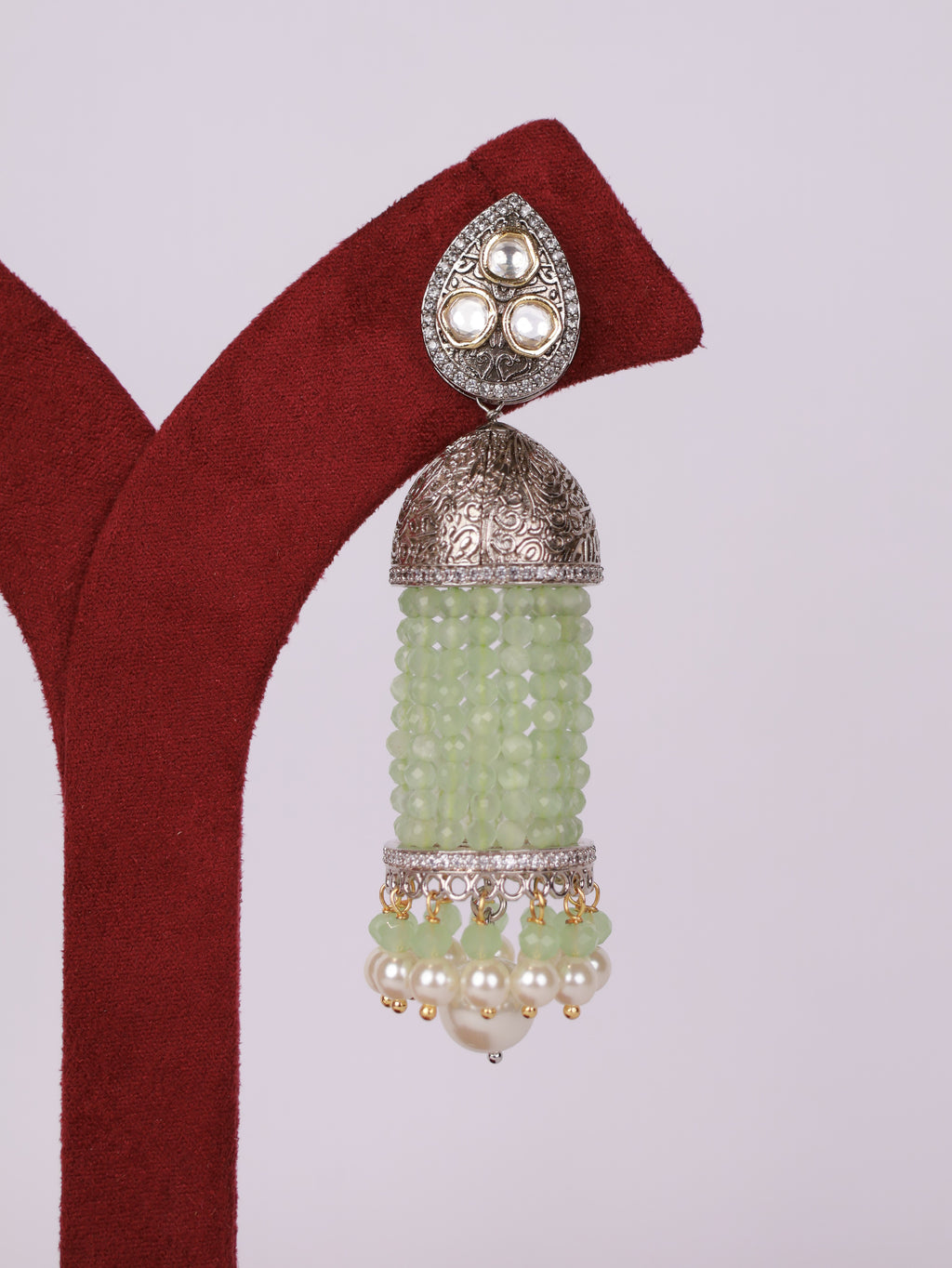 Mint Jade & Dual-Tone Kundan Jhumka Earrings