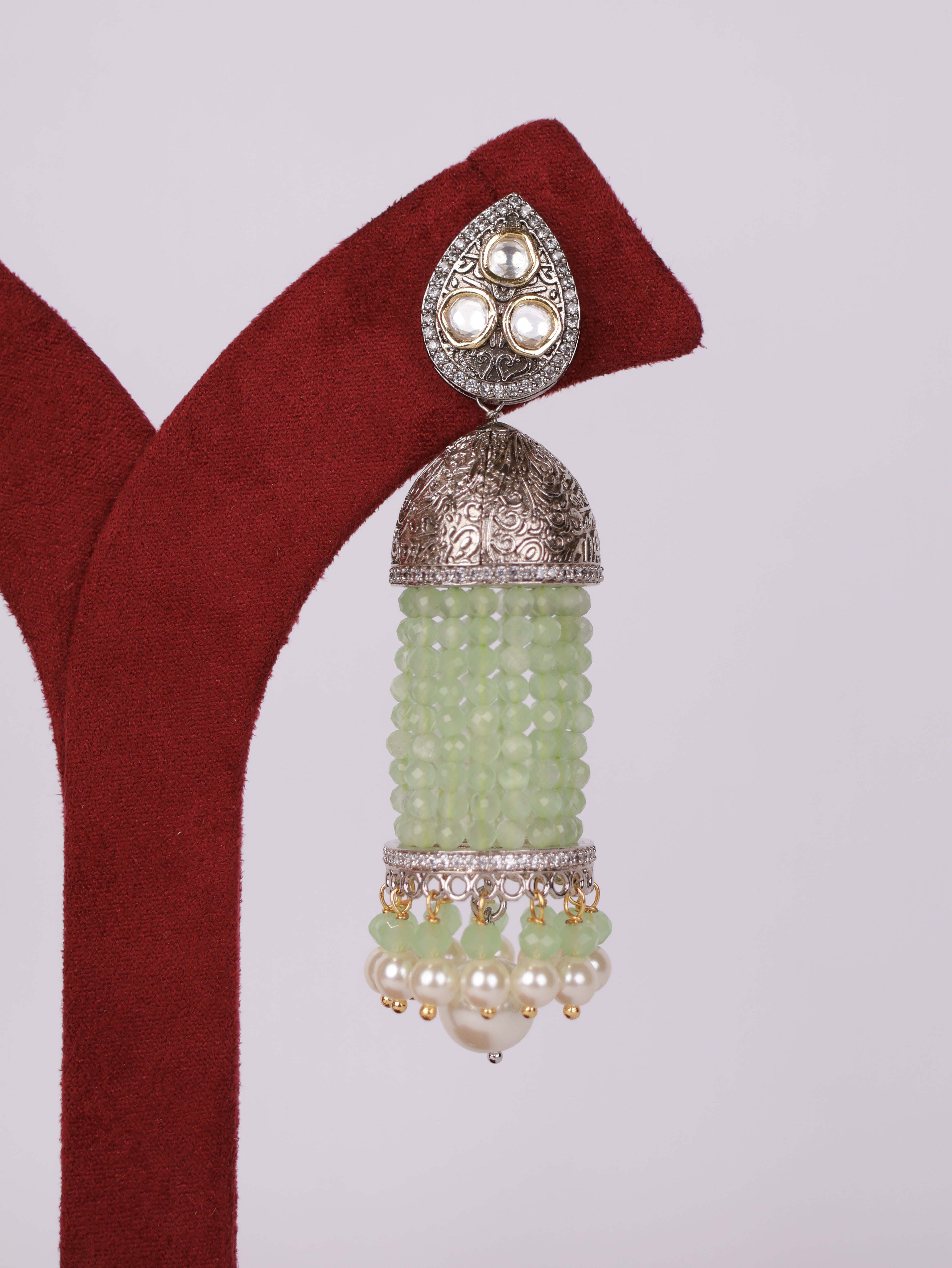 Mint Jade & Dual-Tone Kundan Jhumka Earrings