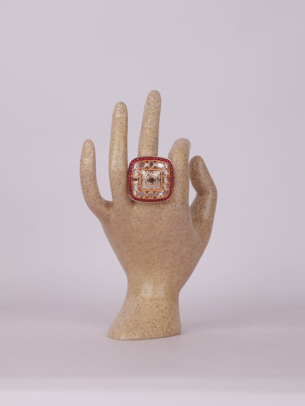 Royal Kundan Polki & Ruby Border Square Statement Ring