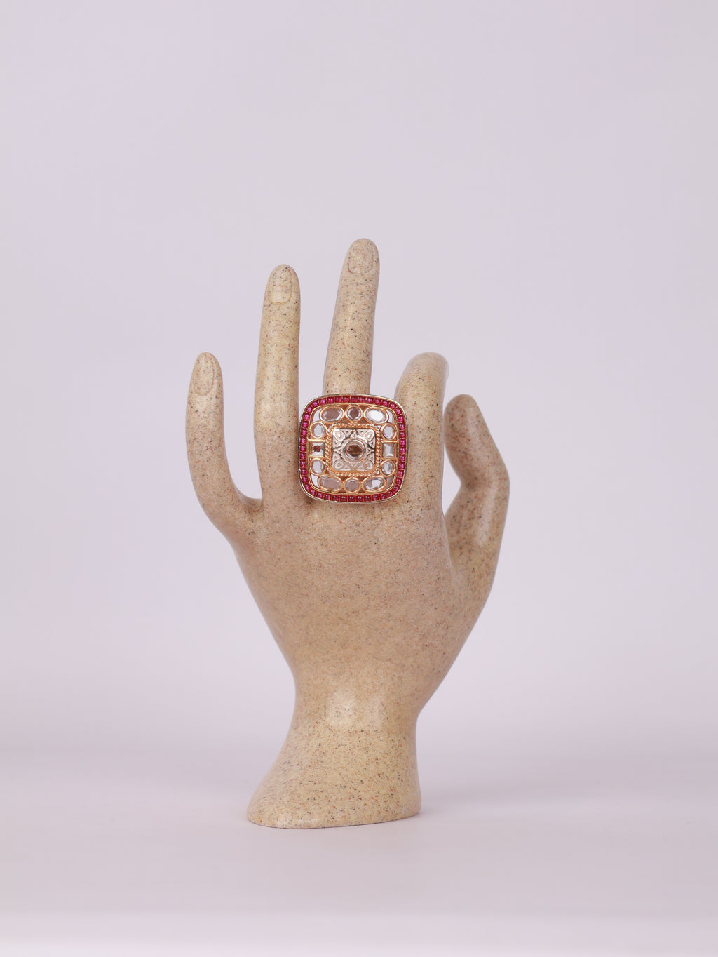 Royal Kundan Polki & Ruby Border Square Statement Ring
