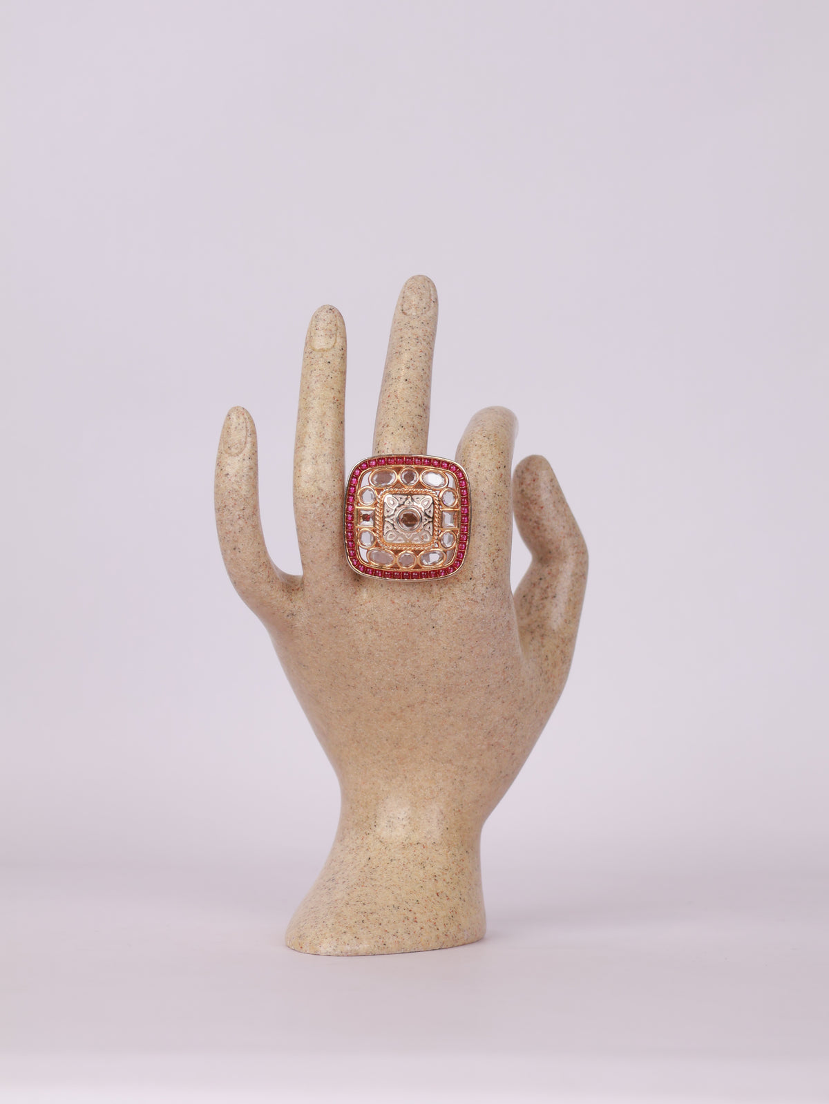 Royal Kundan Polki & Ruby Border Square Statement Ring