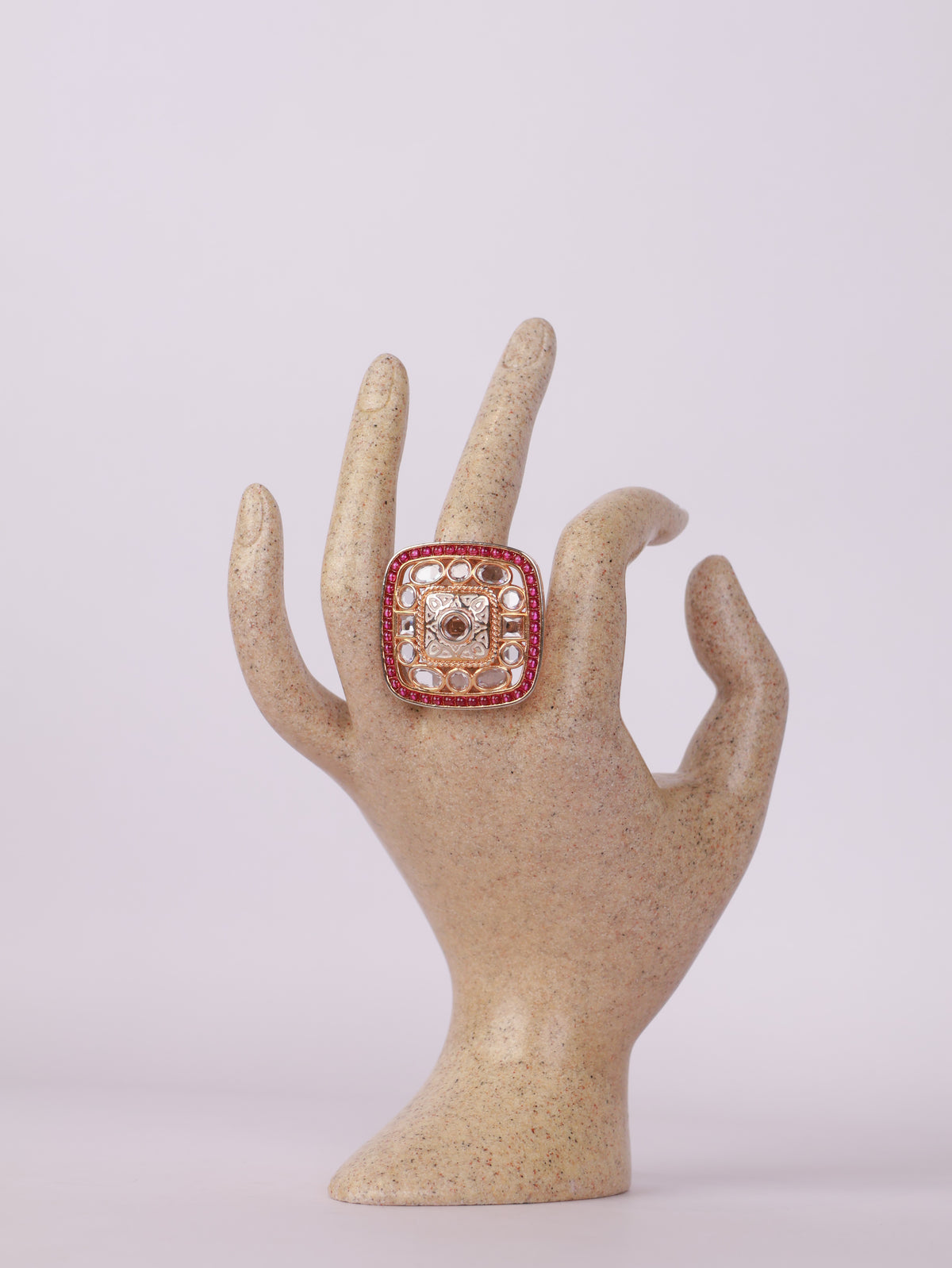 Royal Kundan Polki & Ruby Border Square Statement Ring
