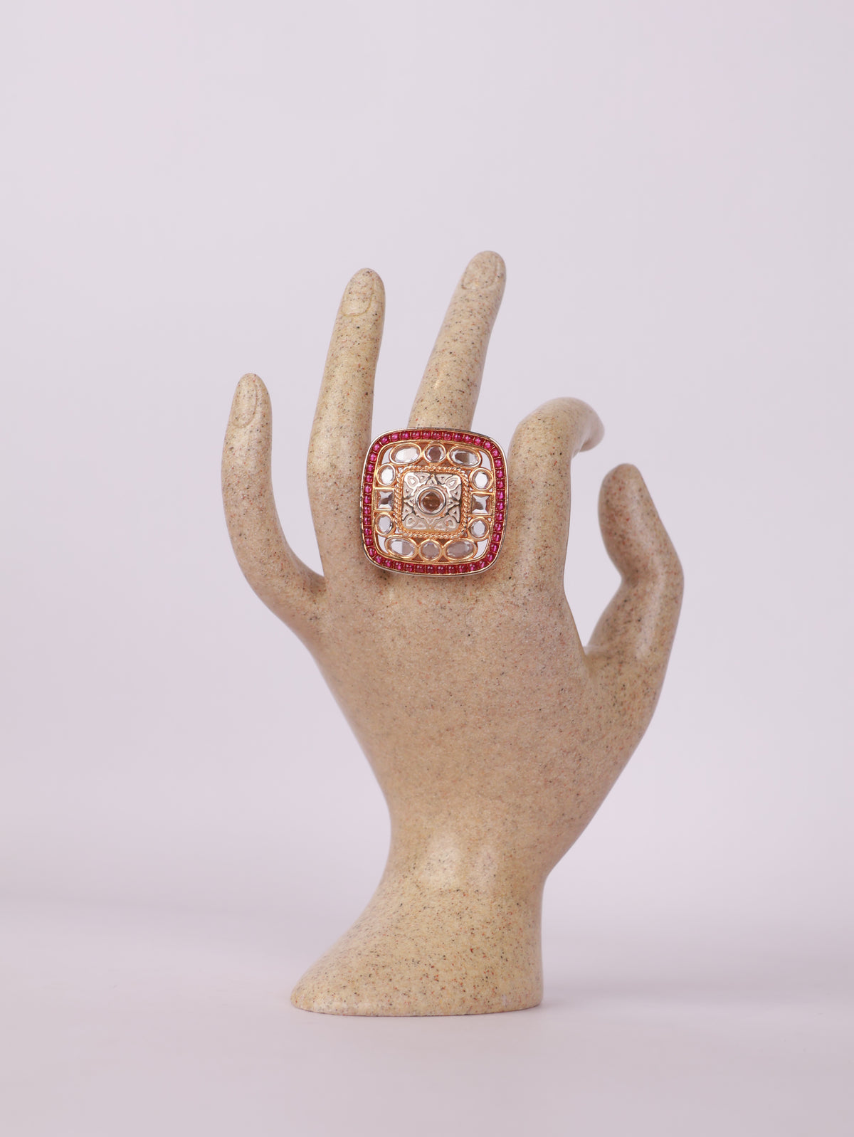 Royal Kundan Polki & Ruby Border Square Statement Ring